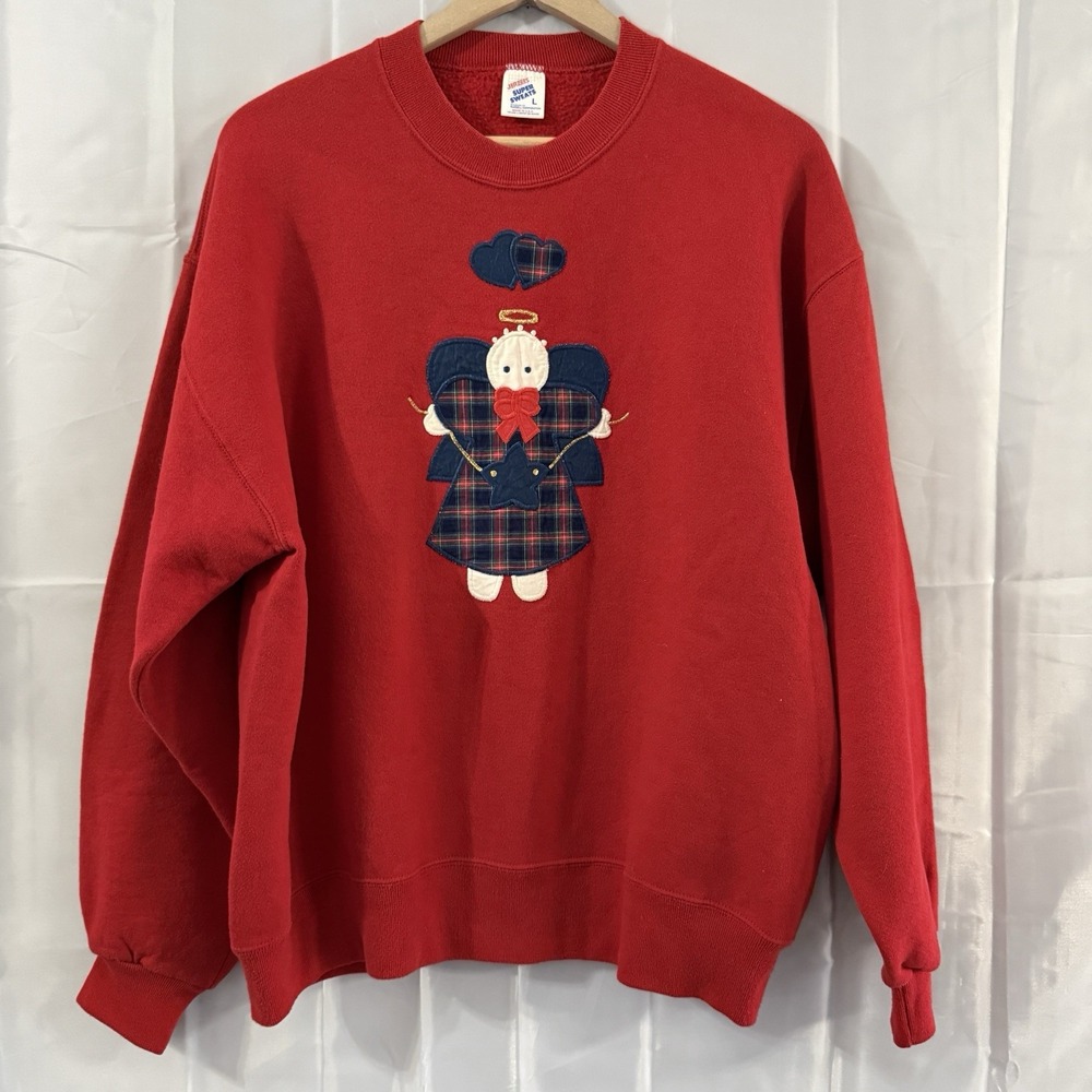 Vintage Womens L‎ Christmas Sweatshirt Red Folk Angel Granny USA Holiday Jersees